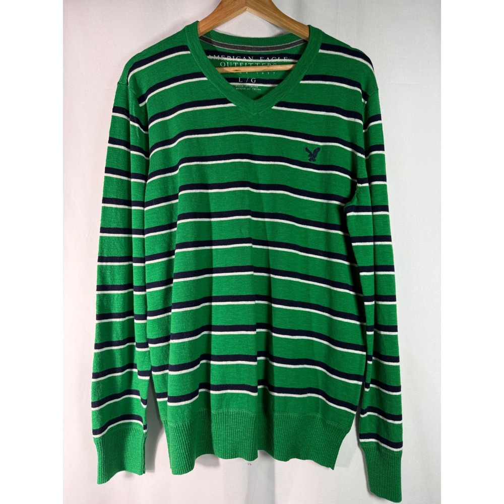 American Eagle Men Green Striped V-Neck Sweater Large NWT 1144-9532-765